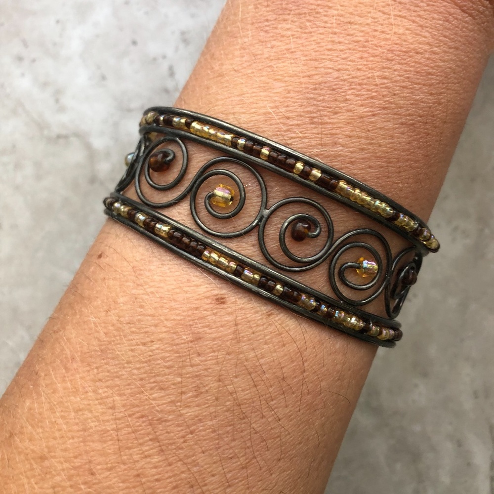 Brown & Gold Beaded Open Bangle